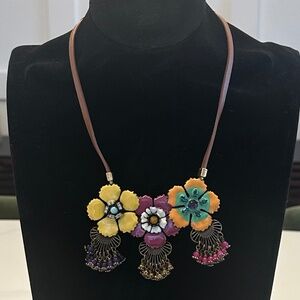 TOVA - Vibrant Boho Floral Enamel Brass Necklace on Brown Leather Cord - 18 in.